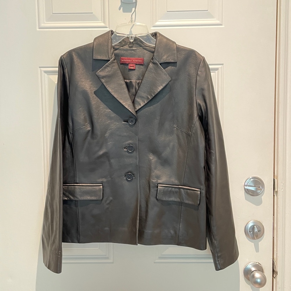 Vintage Margaret Godfrey 100% Leather Retro Black Blazer Jacket Size Large